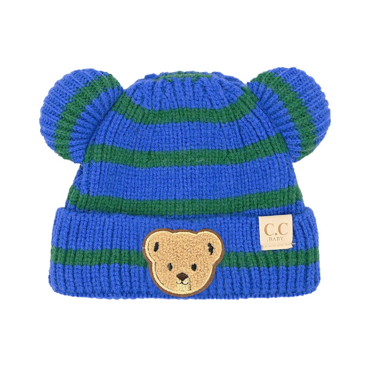 BABY Striped Teddy Bear Double Pom C.C Beanie