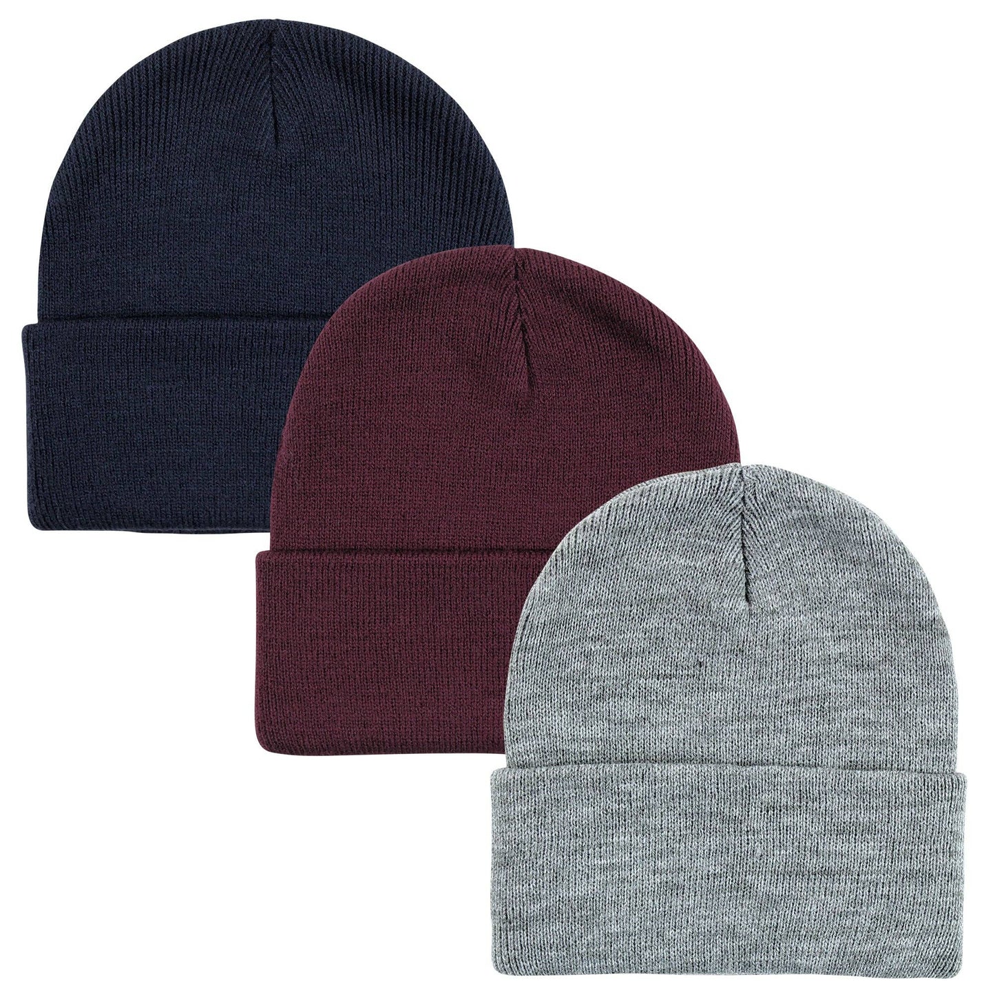 Knit Cuffed Beanie 3pk, Navy, Burgundy, and Grey