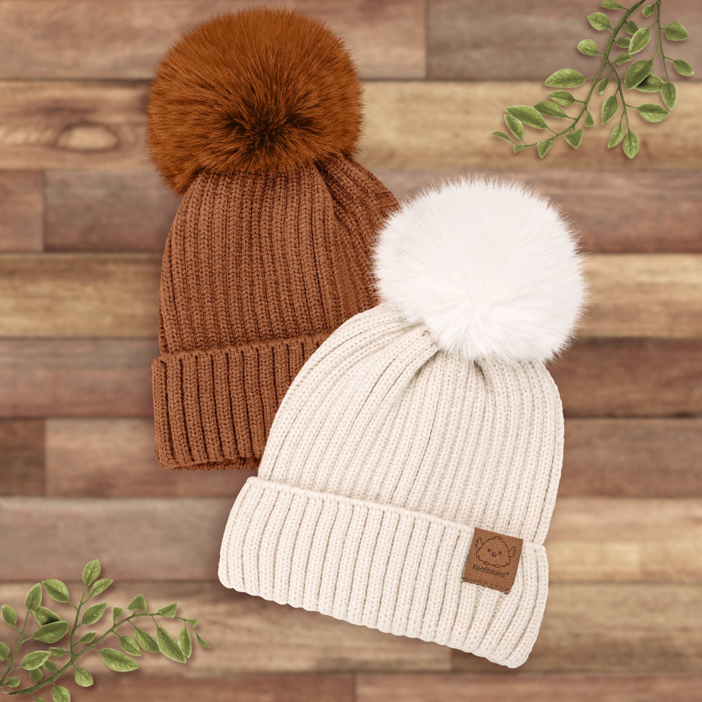 KeaBabies 2-Pack Pom Knitted Beanie: Rust