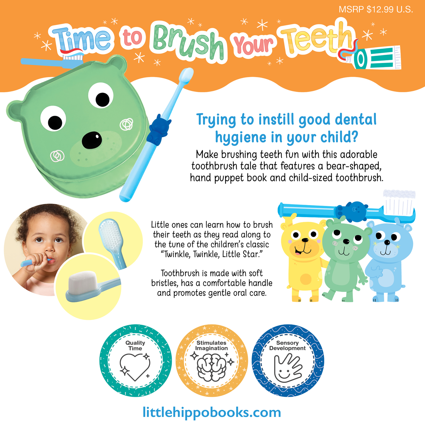 Time to Brush Your Teeth - Children's Waterproof Hand Puppet Book and Toothbrush