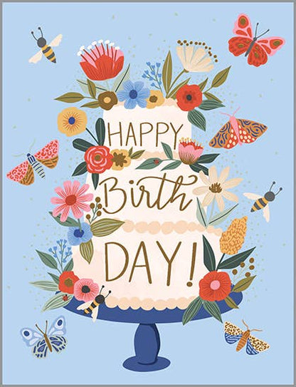 Birthday Greeting Card - Blooms and Wings Cake