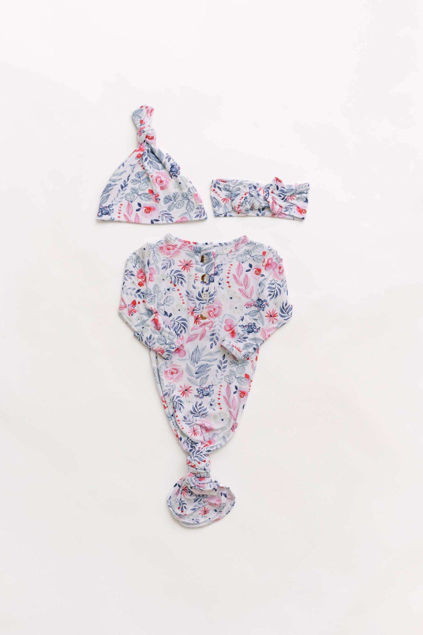 Newborn Knotted Baby Gown, Bow, and Hat Set