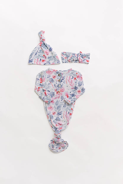 Newborn Knotted Baby Gown, Bow, and Hat Set