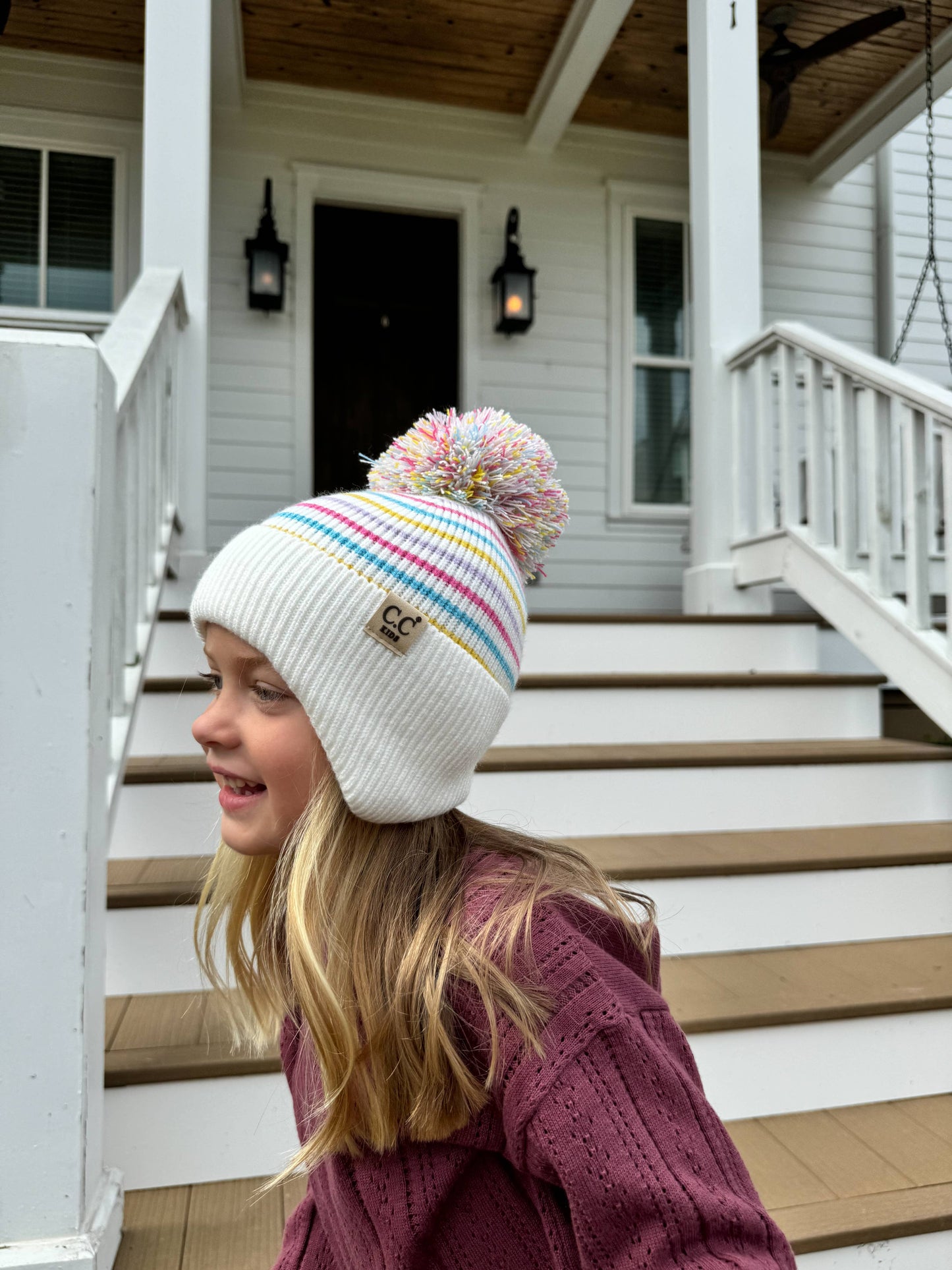 KIDS Stripe Earflap Yarn C.C Pom Beanie