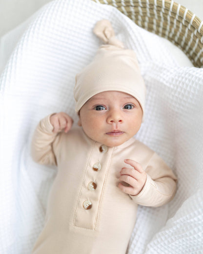 Newborn Knotted Baby Gown, Bow, and Hat Set