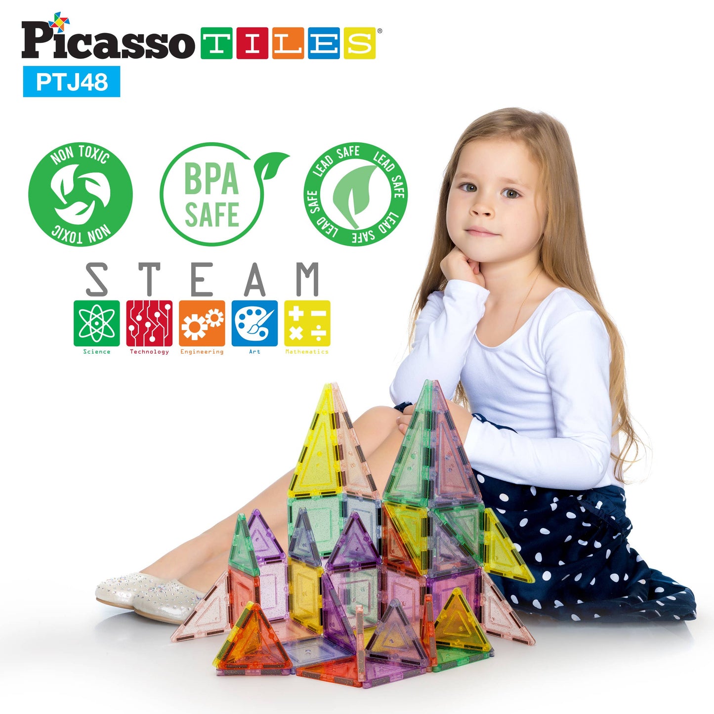 PicassoTiles 48pc Glitter Magnetic Tile Building Set
