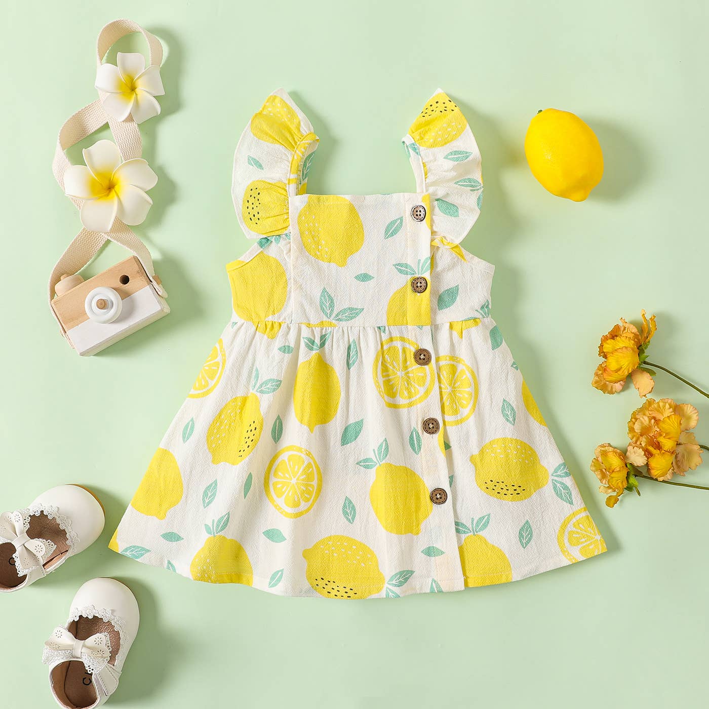 Baby Girl Gingham or Allover Lemon Button Dress