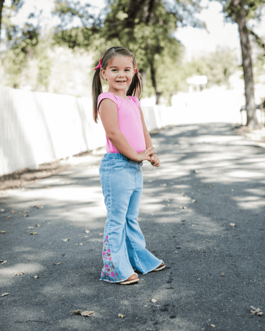 Renee Embroidered Bell Bottoms - Light Denim