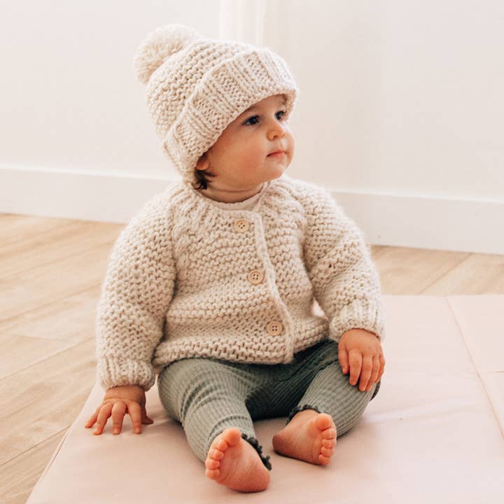 Natural Garter Stitch Cardigan Sweater: 0-6 months