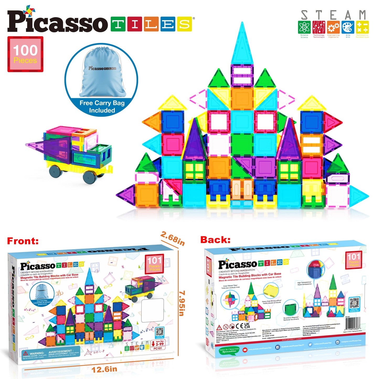 PicassoTiles 101pc Magnetic Tile Building Blocks