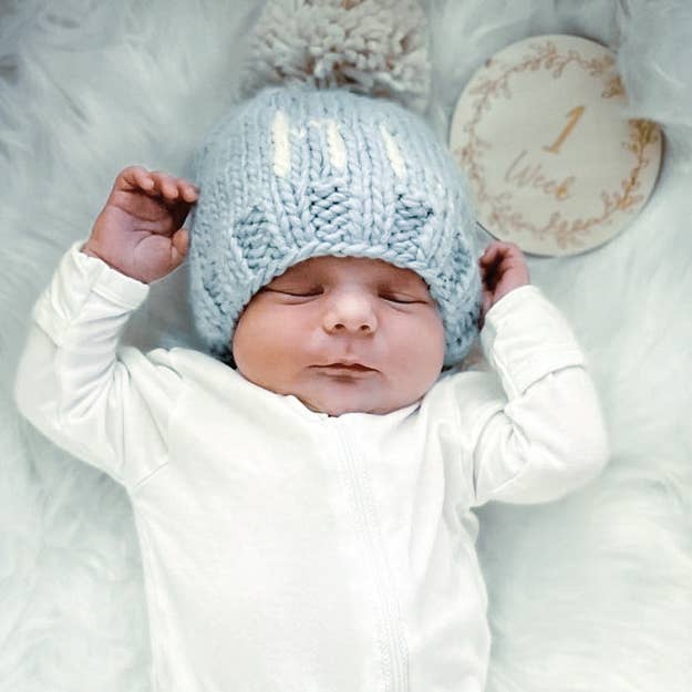 hi. Surf Blue Hand Knit Beanie Hat: M (6-24 months)