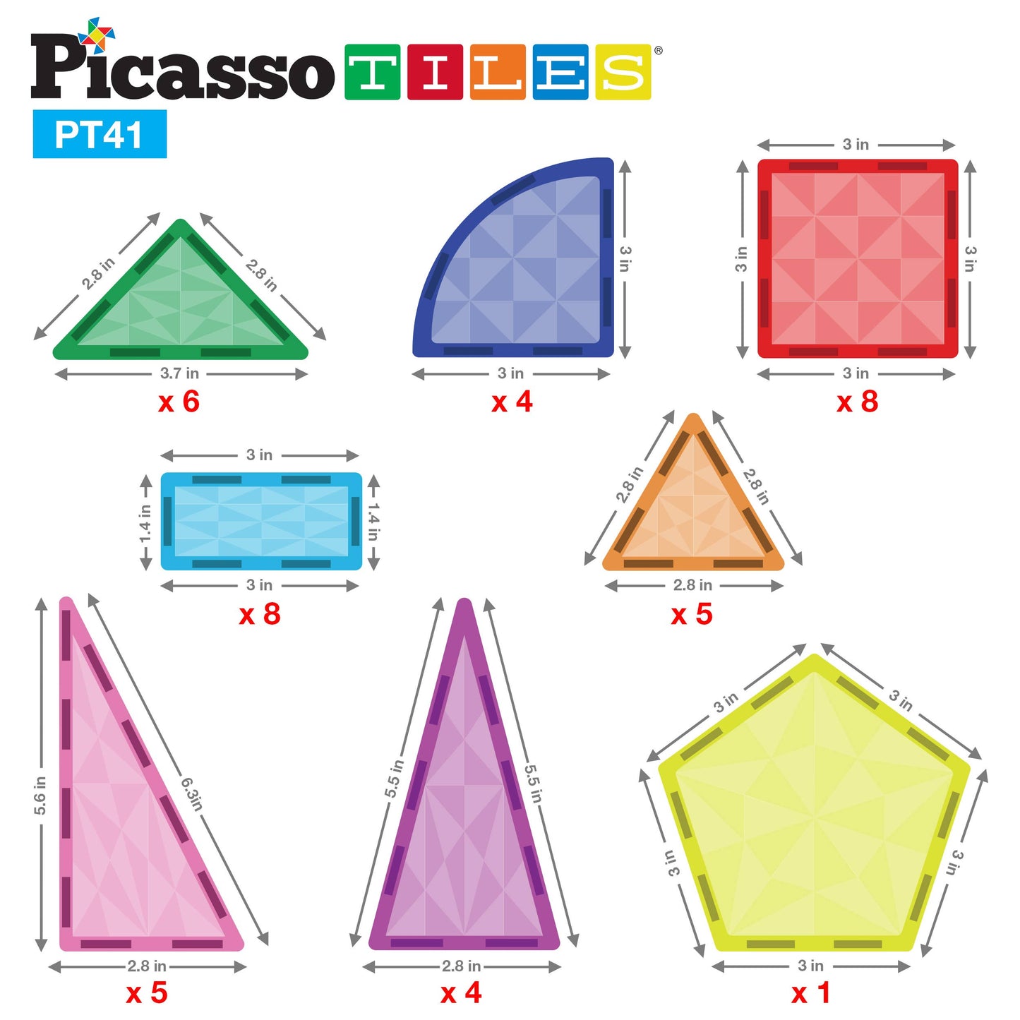 PicassoTiles 41 Piece Prism Magnetic Building Block Set PT41