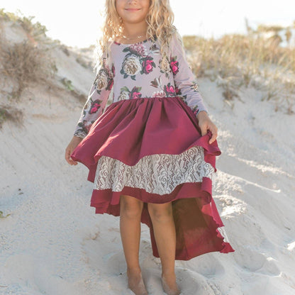 Kids Hi Lo Lilac Wine Floral Lace Tiered Fancy Dress