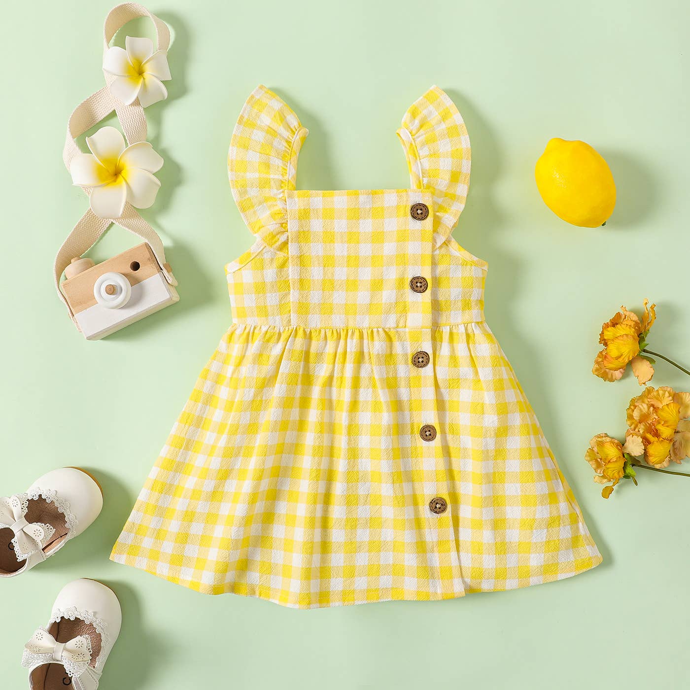 Baby Girl Gingham or Allover Lemon Button Dress