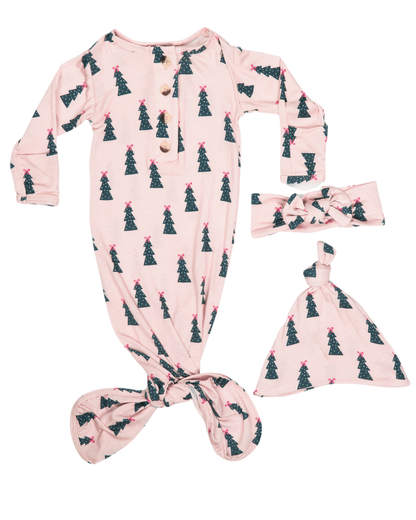 Newborn Knotted Baby Gown, Bow, and Hat Set
