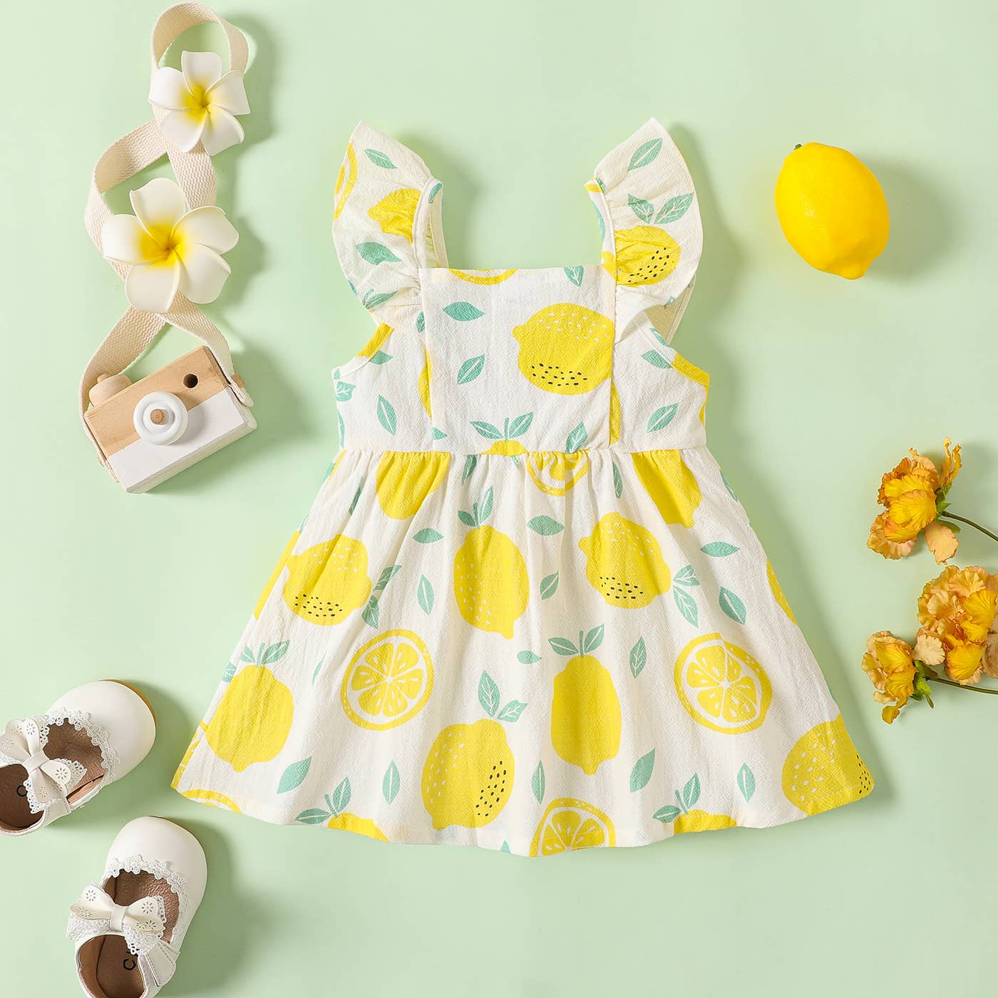 Baby Girl Gingham or Allover Lemon Button Dress