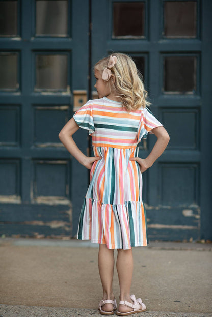 Kids Boho Rainbow Stripe Spring Easter Flutter Sleeve Dress