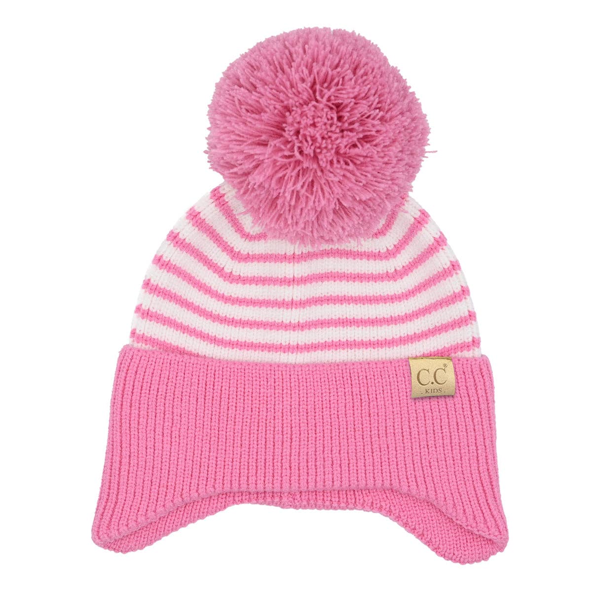 KIDS Stripe Earflap Yarn C.C Pom Beanie