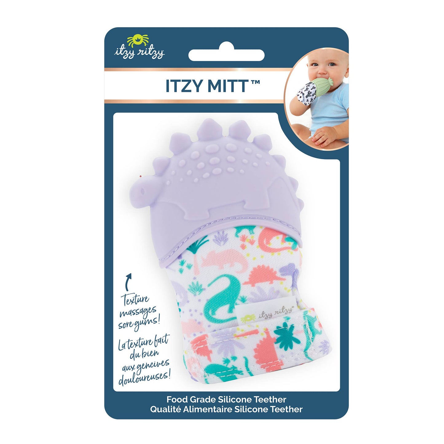 Itzy Mitt™ Silicone Teething Mitts: Lilac Dino