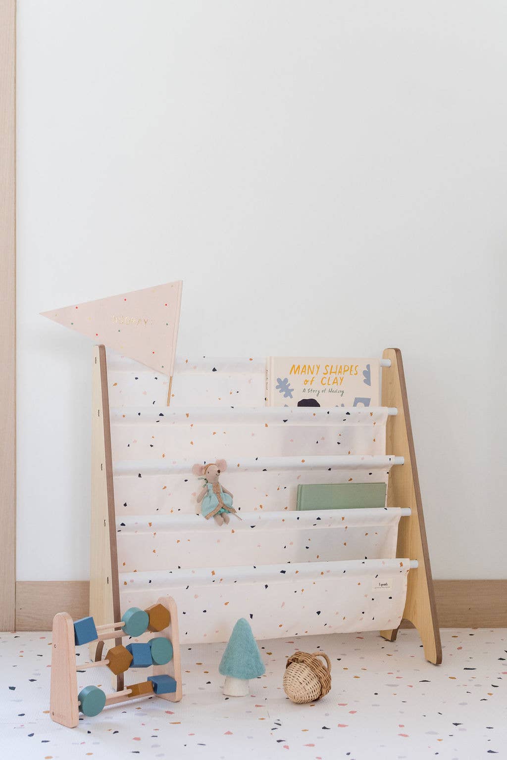 Recycled Fabric Kids Book Rack - Terrazzo Colors: Light Gray Terrazzo