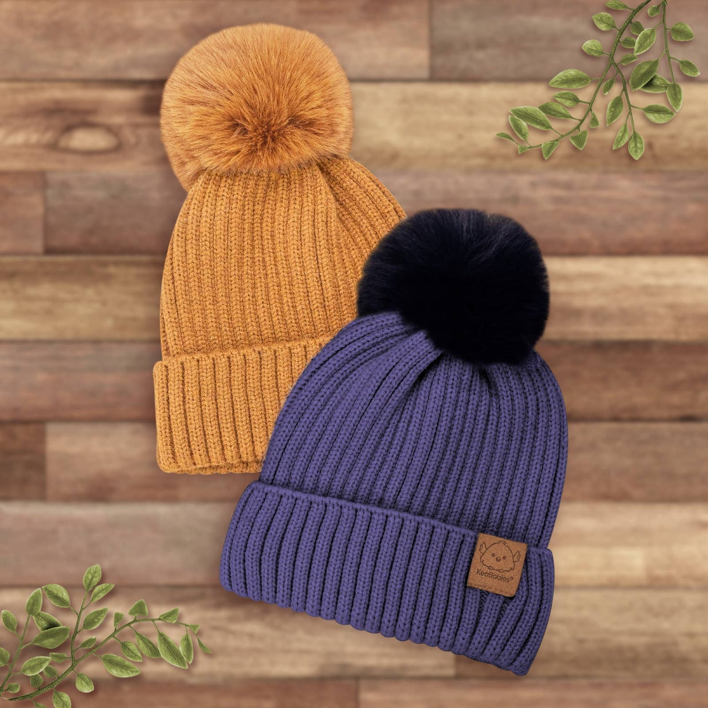 KeaBabies 2-Pack Pom Knitted Beanie: Fawn