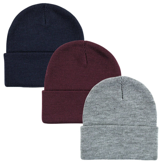 Knit Cuffed Beanie 3pk, Navy, Burgundy, and Grey