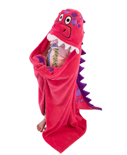 Wearable Hooded Fleece Blankets For Kids - Pink Dinosaur