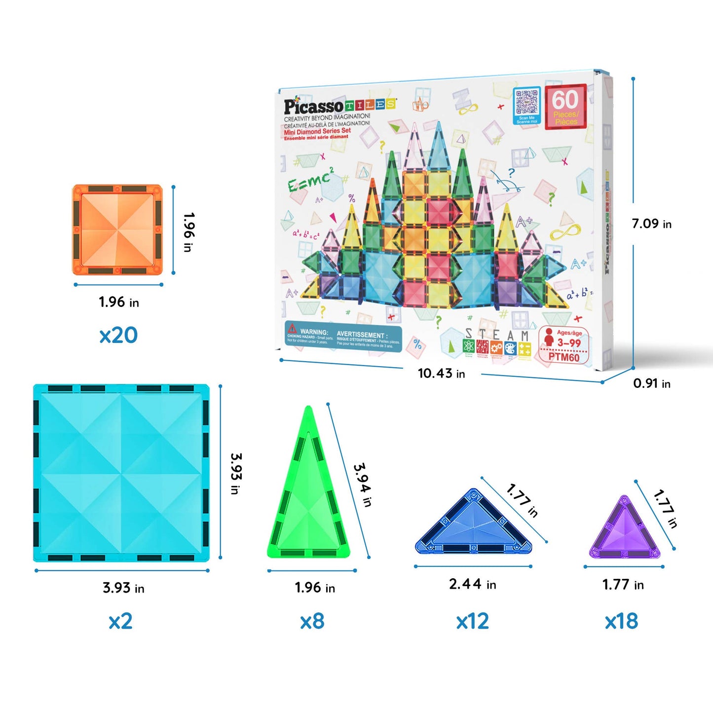 PicassoTiles 60pc Travel Size Magnetic Tile Building Set