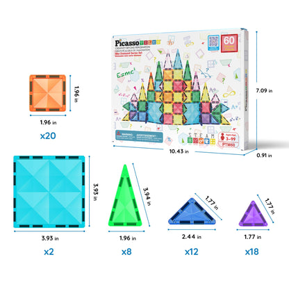 PicassoTiles 60pc Travel Size Magnetic Tile Building Set