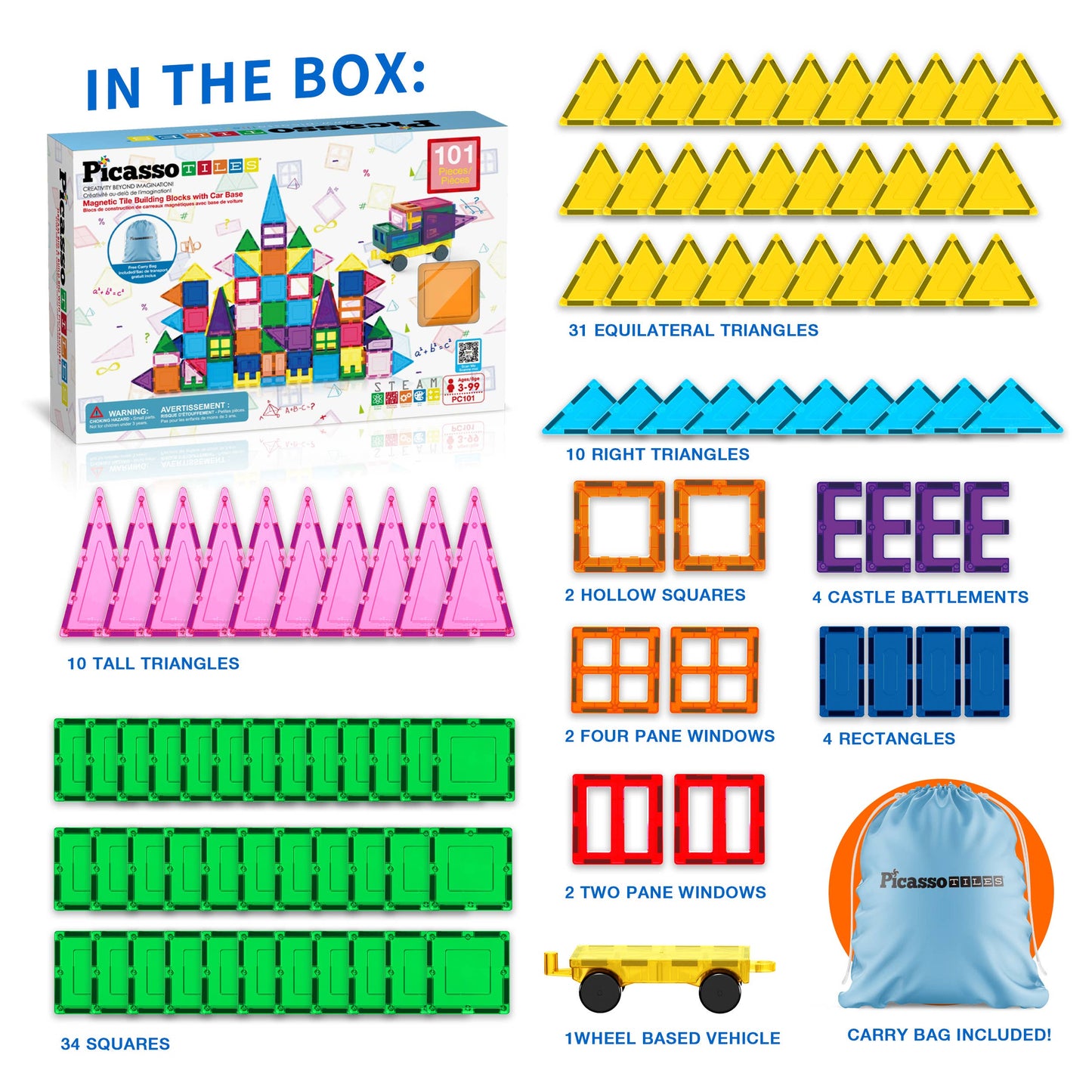 PicassoTiles 101pc Magnetic Tile Building Blocks