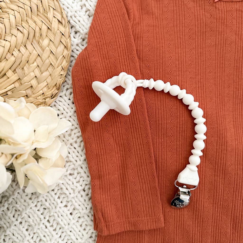 Sweetie Strap™ Silicone One-Piece Pacifier Clips: White Beaded