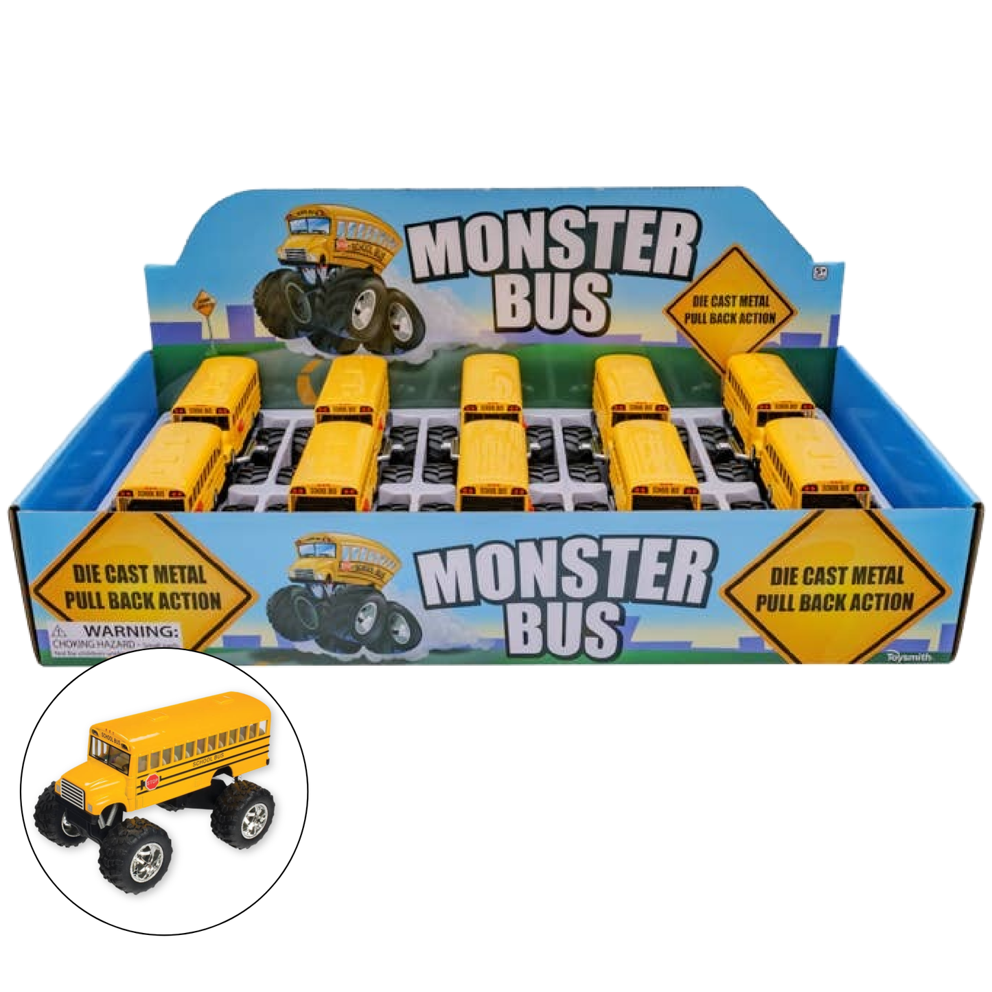 Monster School Bus, Pull Back Action, Die-Cast