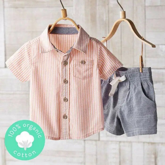 Boys Dress Shorts Outfit with Pink Stripe Button-up Shirt