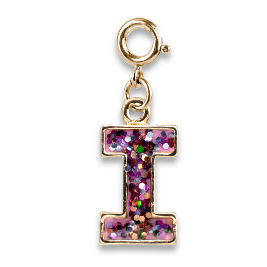Gold Pink Glitter Letter I Charm