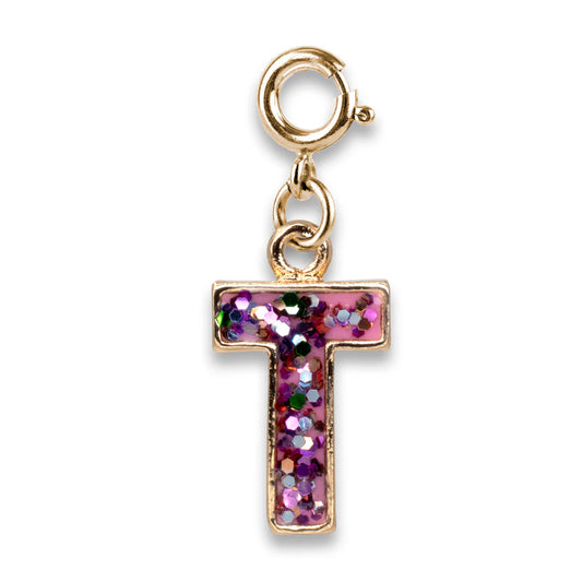 Gold Pink Glitter Letter T Charm