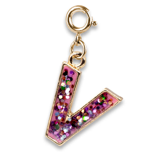 Gold Pink Glitter Letter V Charm