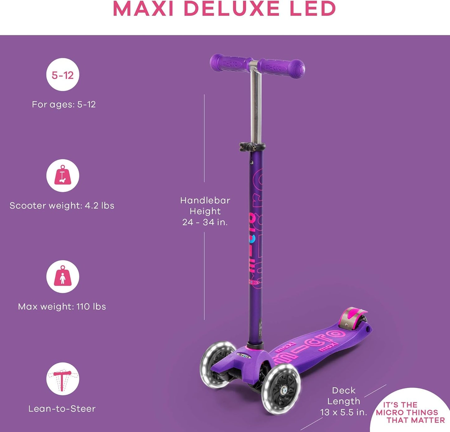 Micro Maxi LED Scooter: Purple: Ages 5 - 12