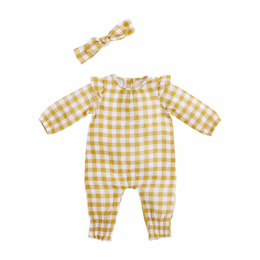 Mustard Gingham One-Piece & Headband Set