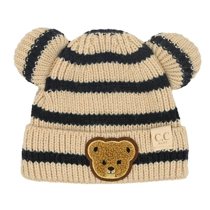 BABY Striped Teddy Bear Double Pom C.C Beanie