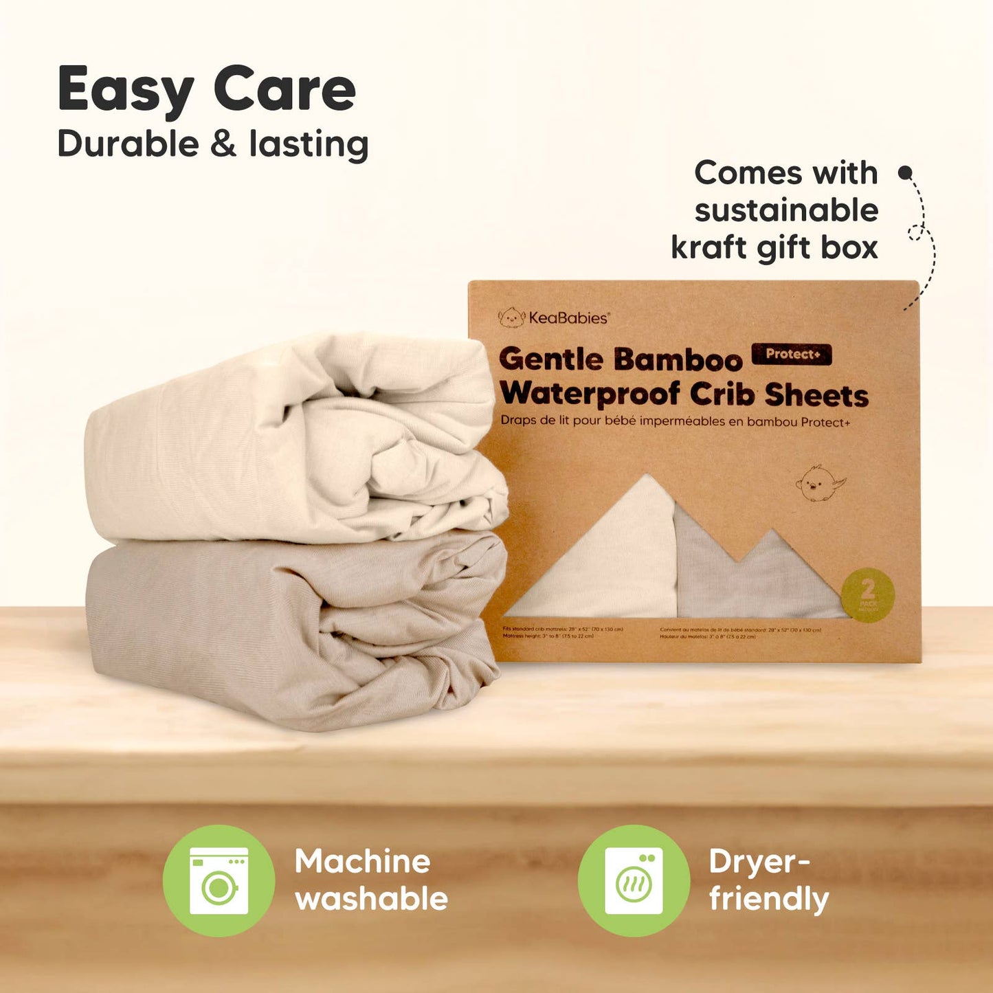 2pk Waterproof Crib Sheets, Baby Mattress Protector: Ecru