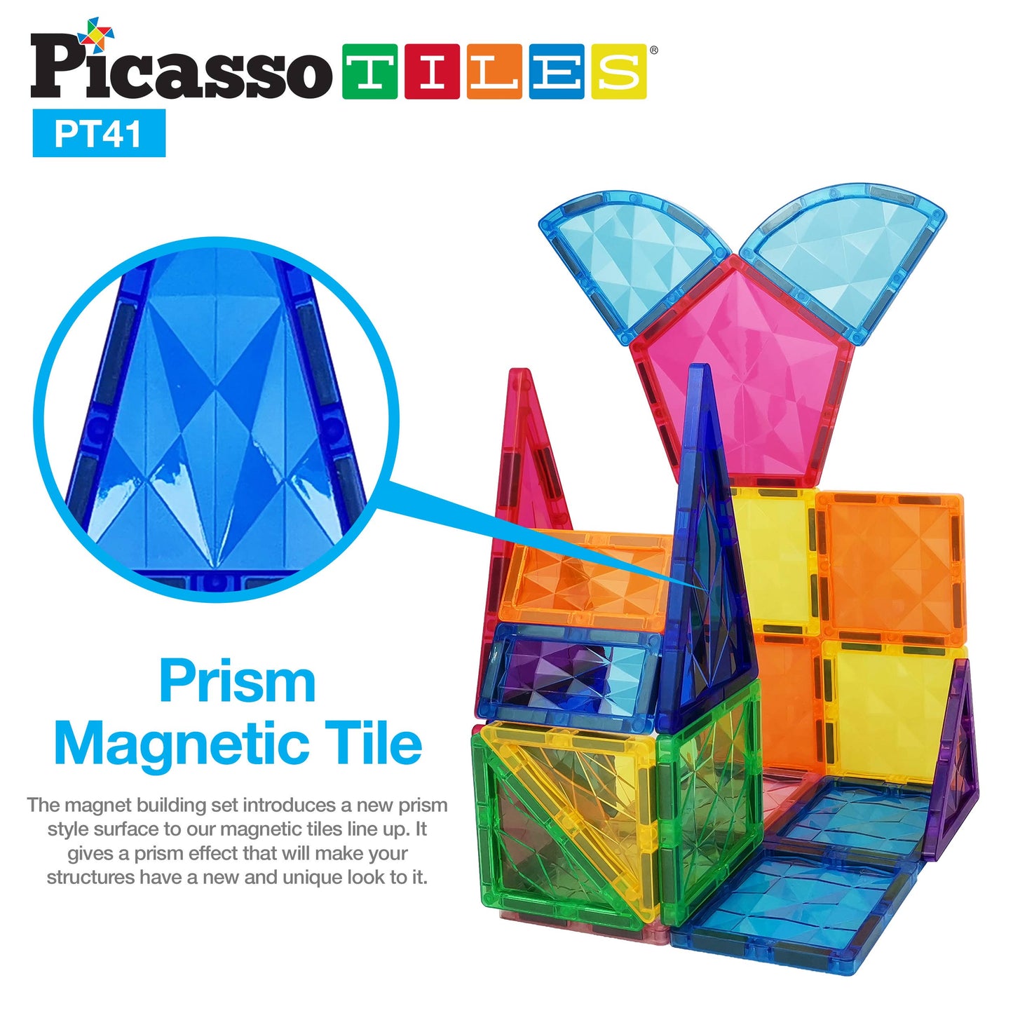 PicassoTiles 41 Piece Prism Magnetic Building Block Set PT41