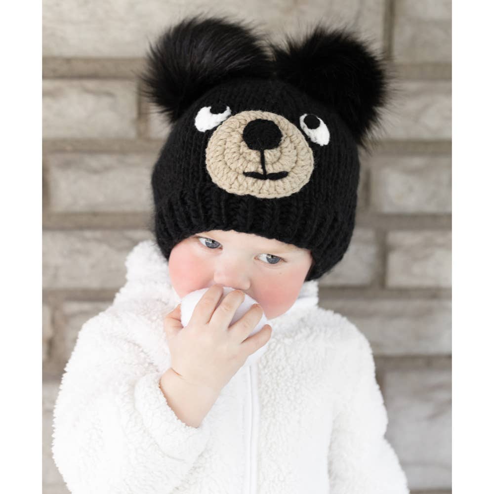 Black Bear Knit Beanie Hat: M (6-24 months)