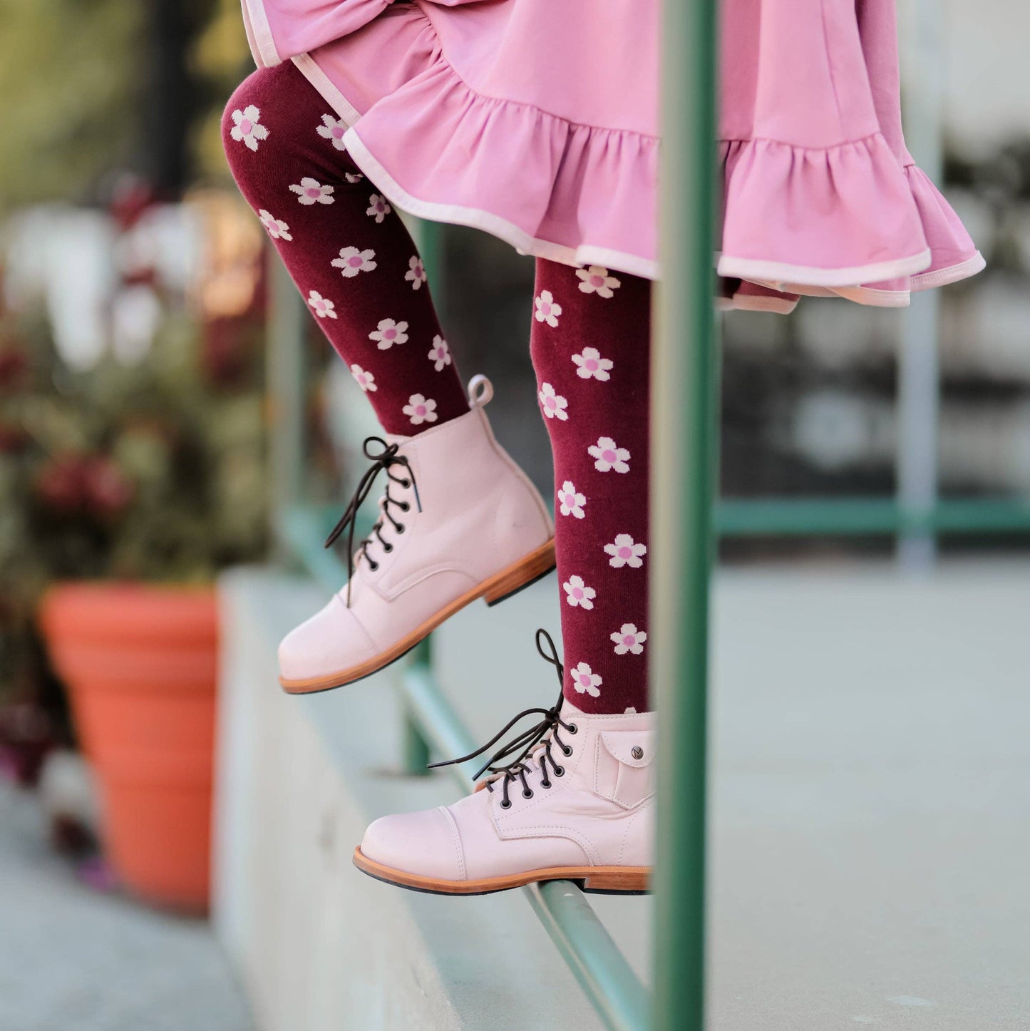 Burgundy Flower Knit Tights