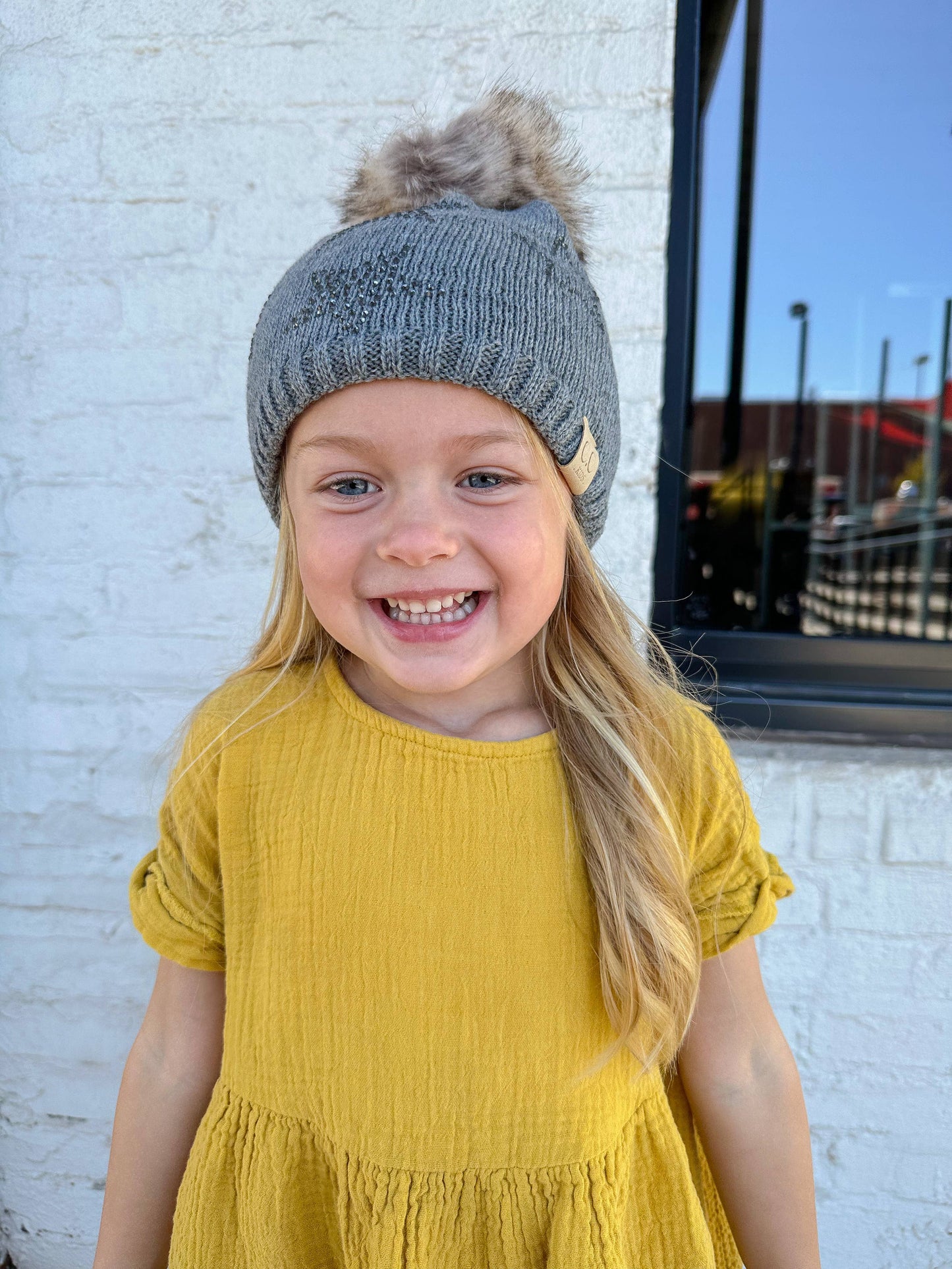 Kids Rhinestone Star Fur Pom CC Beanie