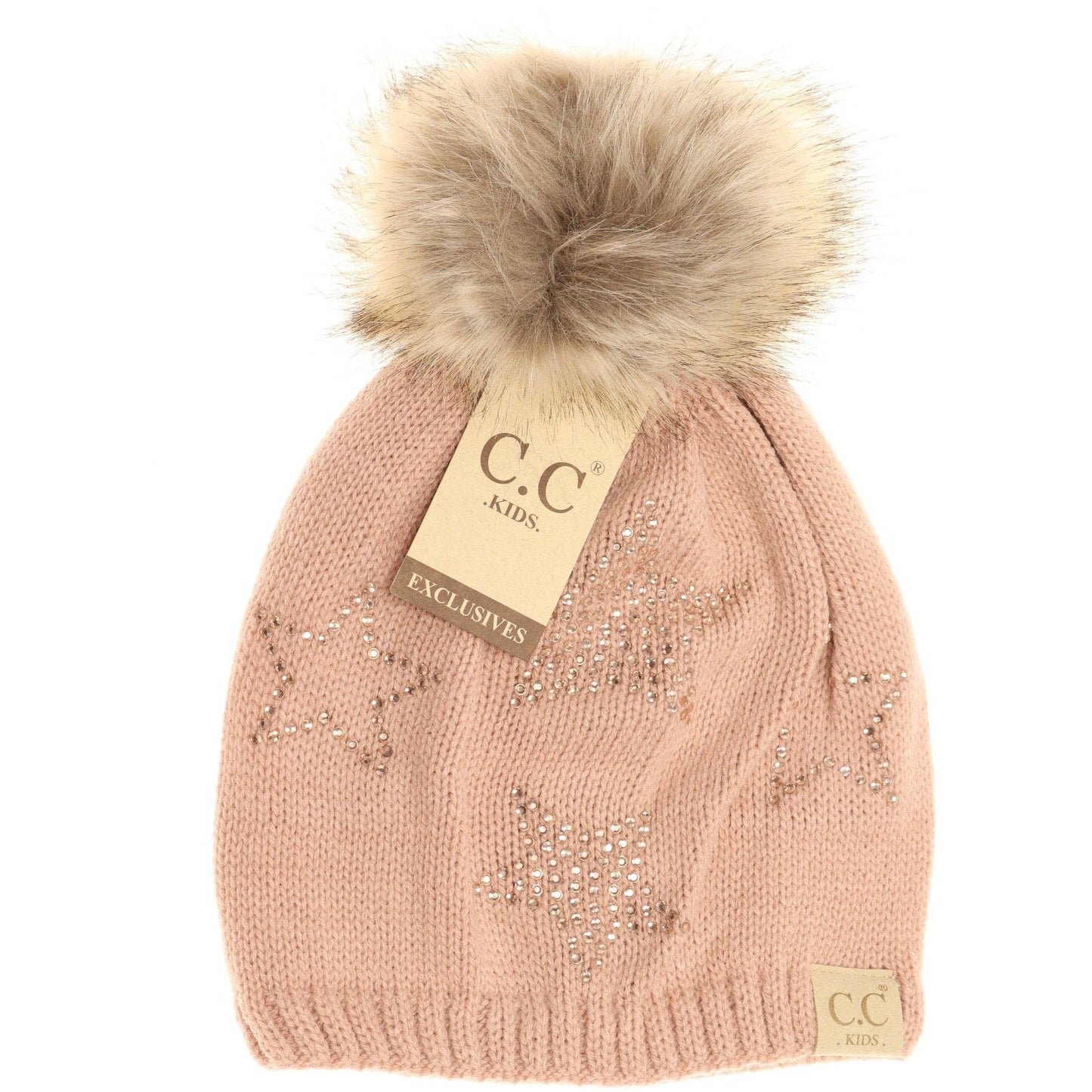 Kids Rhinestone Star Fur Pom CC Beanie
