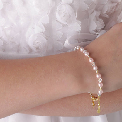 14K Gold-Plated Pink Pearl Cross Bracelet Baptism/Communion