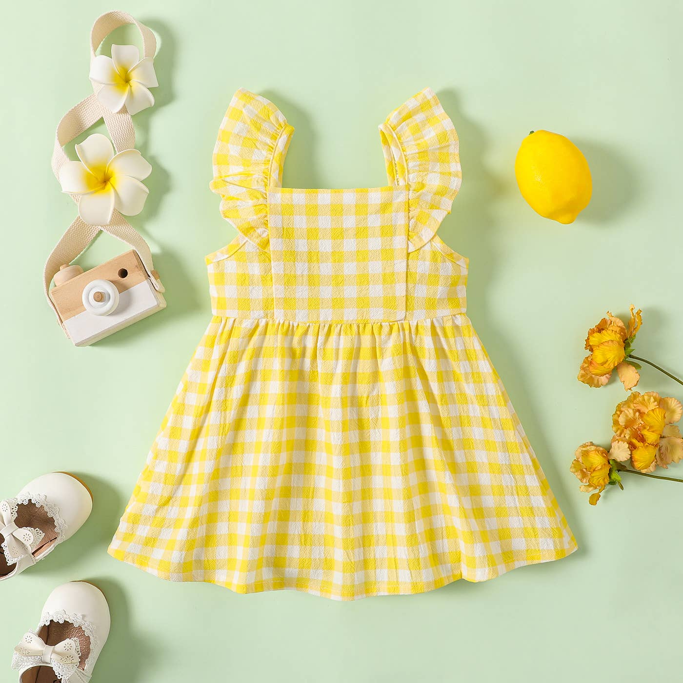 Baby Girl Gingham or Allover Lemon Button Dress