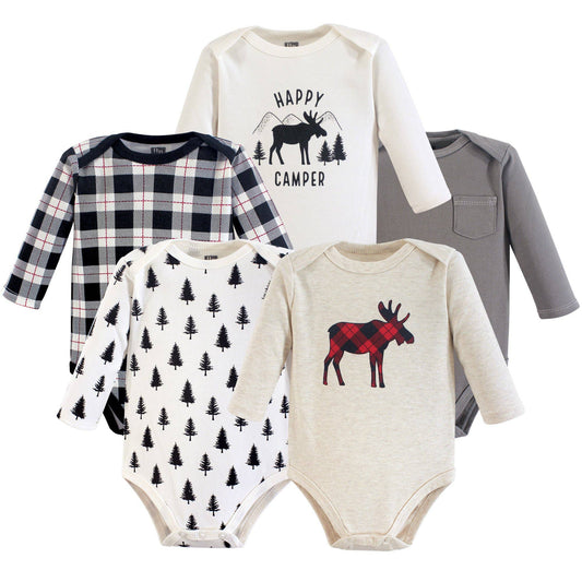 0-3 Months Cotton Long-Sleeve Bodysuits, Moose 5-Pack