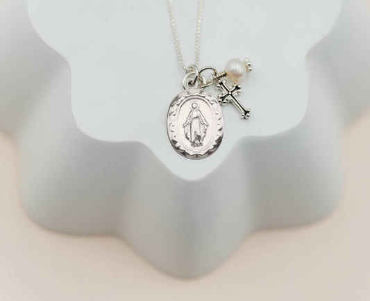 First Communion Miraculous Medal Necklace for Girls & Kids