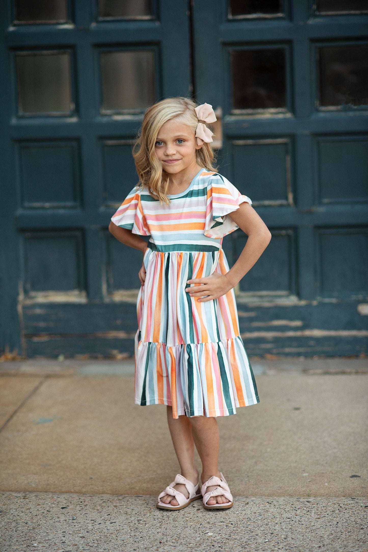 Kids Boho Rainbow Stripe Spring Easter Flutter Sleeve Dress